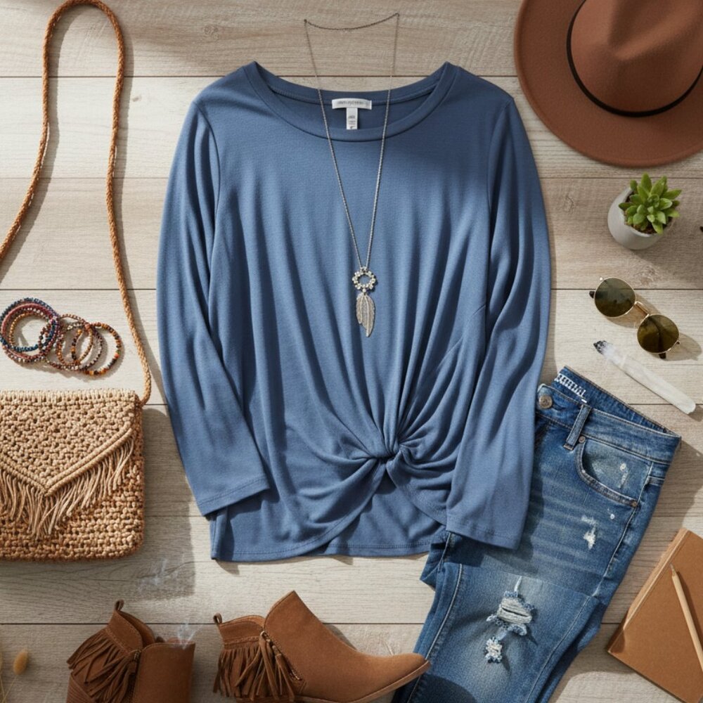 Hummingbird Liara Twist-Front Pullover Top | Denim Blue | Small